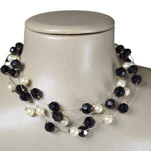 Stephan & Co Faux Pearl, Black Bead Illusion Wire Multi Layer Necklace NWT